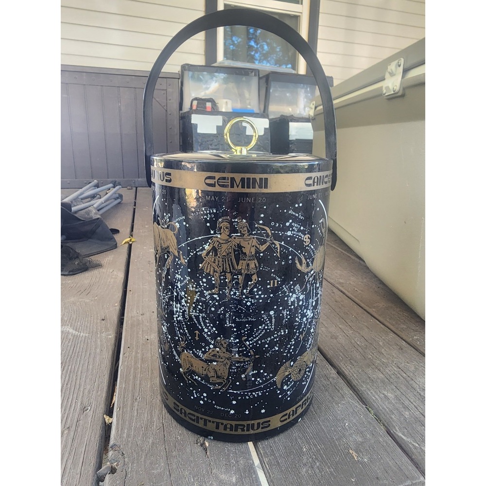 Vintage RARE Mid-century Black & Gold Celestial Horoscope Serving Ice Bucket HTF